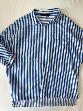 Zara Blue and White Vertical Stripe Casual Button-Down Shirt L